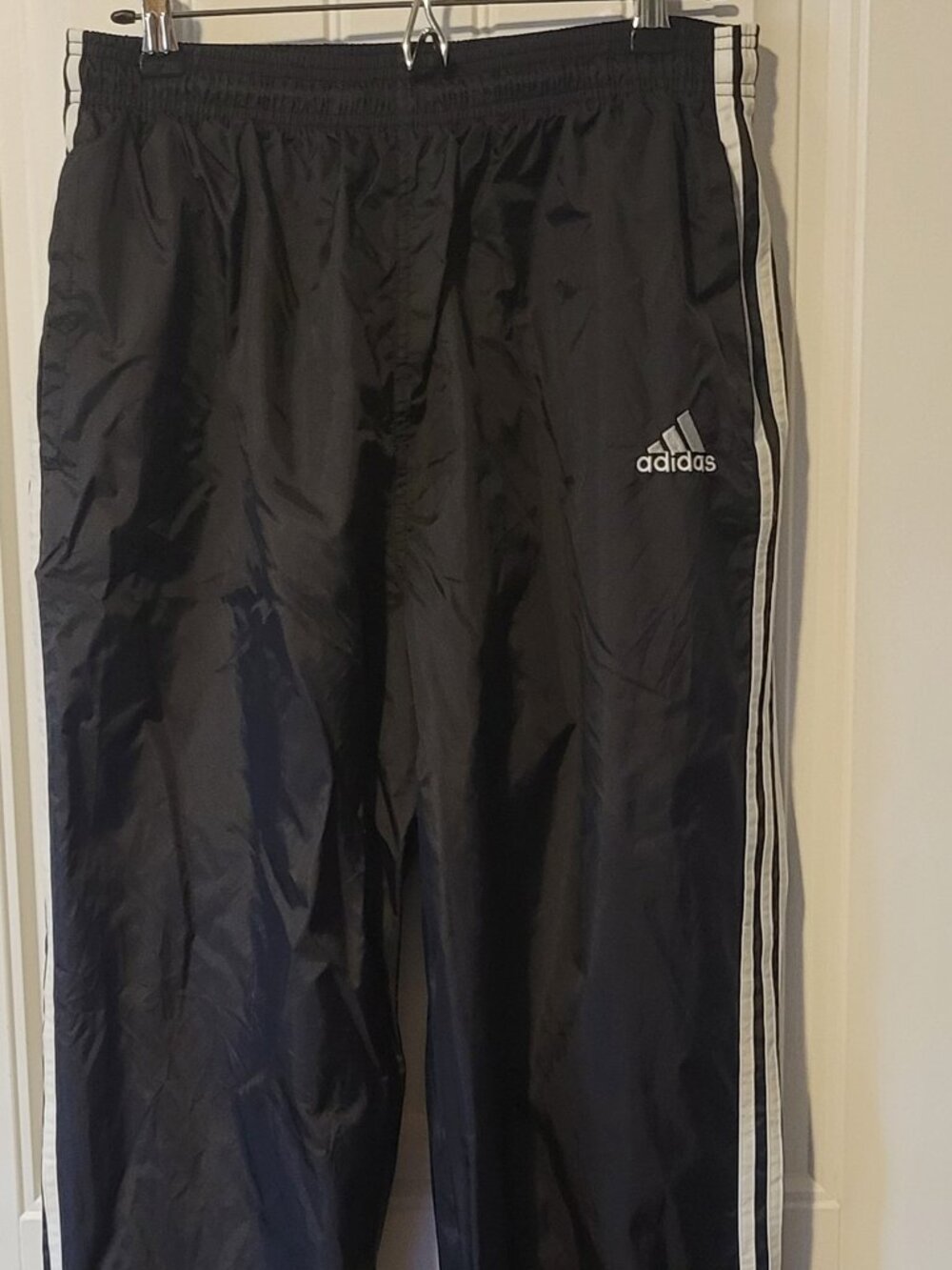 adidas 3 stripe 90s Vintage Men's Black Track Pants L, 100% Nylon, Drawstring